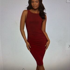 NWT Miraclesuit deep brick red Gathered Midi Dress w-built in control, lined.